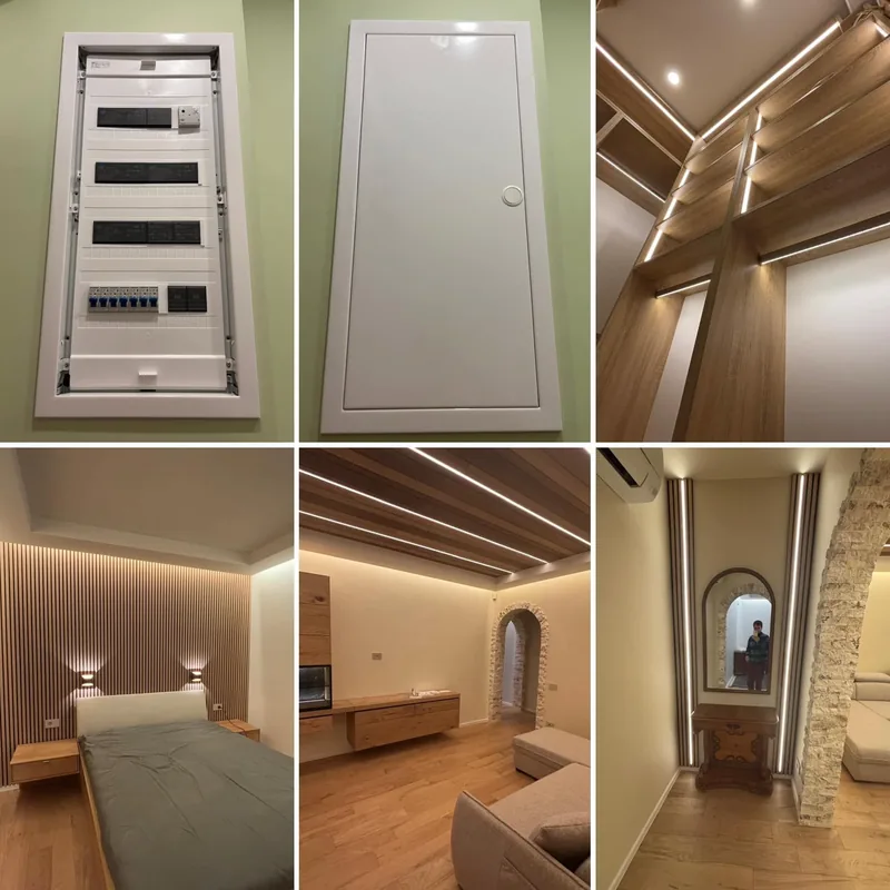 Colaj: tablou electric deschis și închis, camere finisate cu iluminat LED